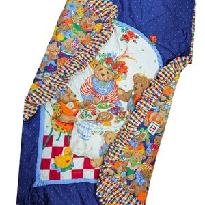VTG 1980s Handmade Teddy Bear Quilt Blanket 35” X 44” Picnic Tea Party Polka Dot